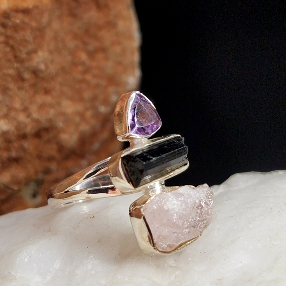 Solid Sterling Silver 925 Ring Amethyst Gemstone Tourmaline Rose Quartz - Picture 9 of 11